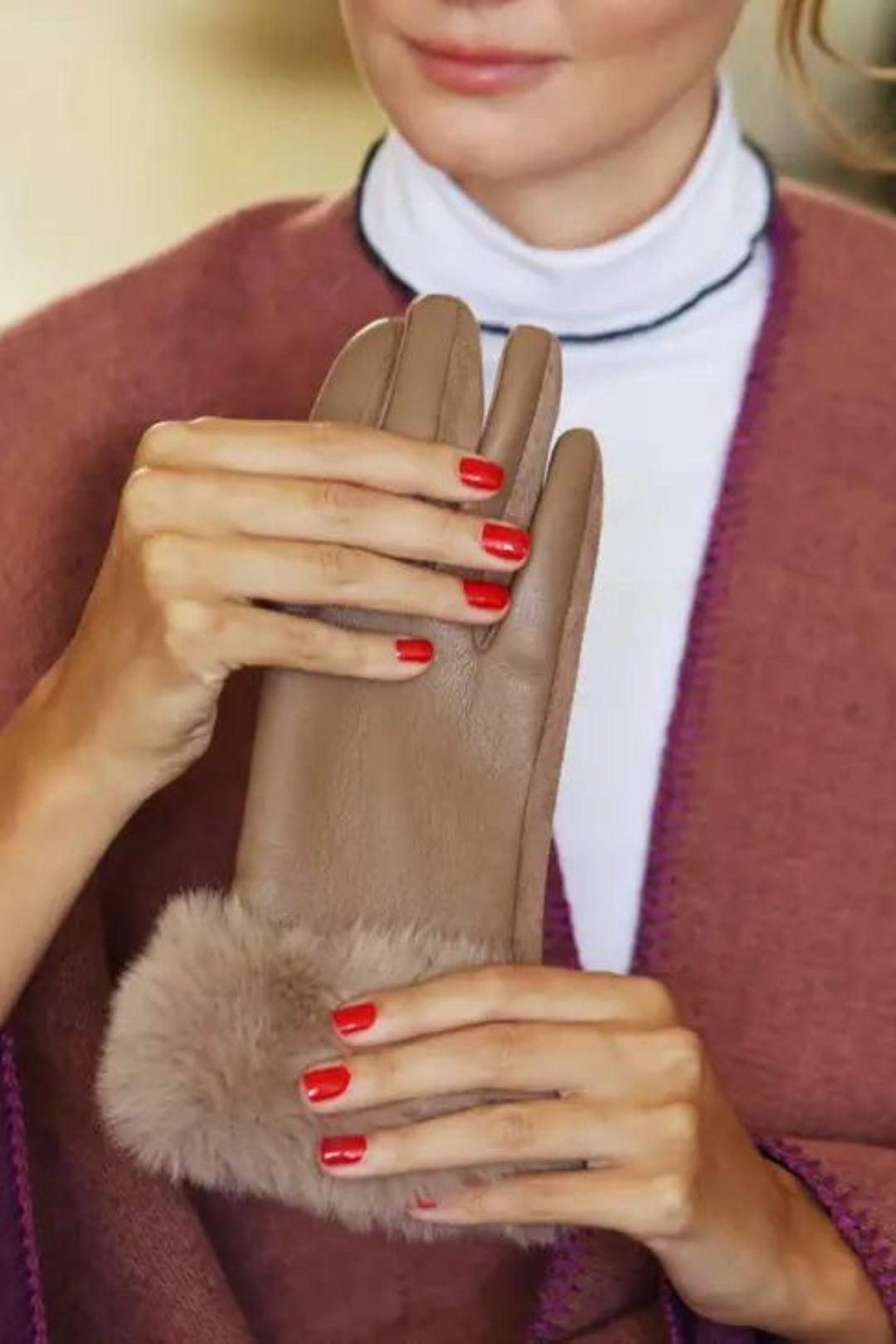 Beige Soft Vegan Leather Faux Fur Cuff Ladies Gloves