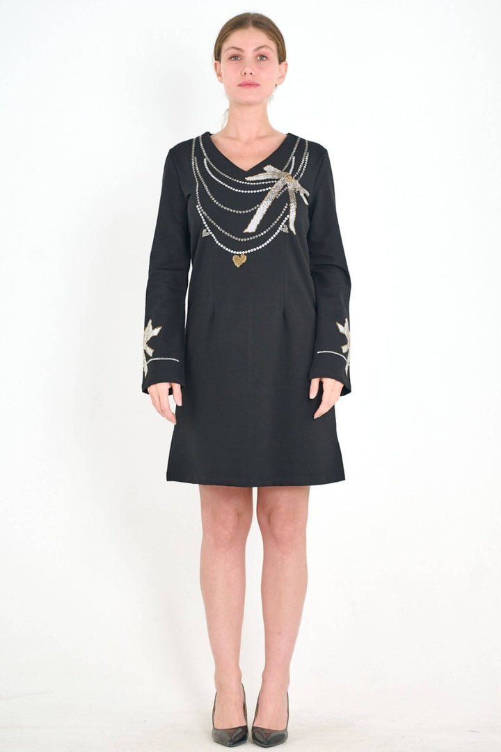 Black 10229-44 Bow Diamante Pull On Dress