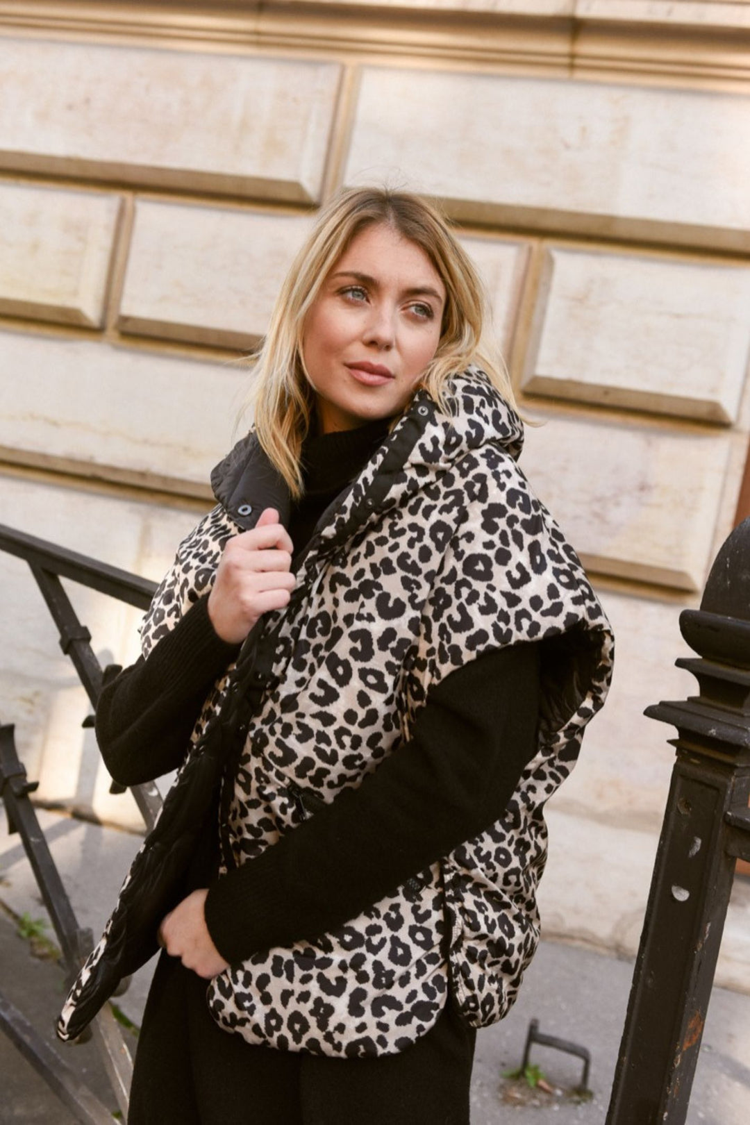 Black & Leopard Print Reversible Hooded Gilet