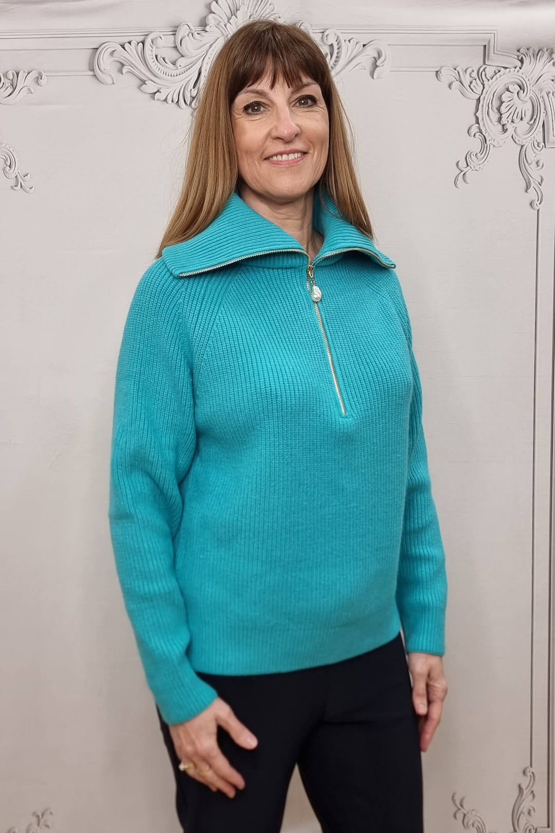 Blue Pearl Detail Half Zip Cashmere Blend Knitted Jumper