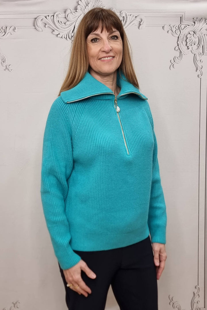 Blue Pearl Detail Half Zip Cashmere Blend Knitted Jumper