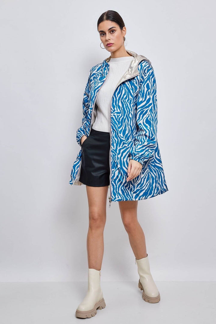 Blue Zebra Print & Gold Reversible Water Resistant Coat