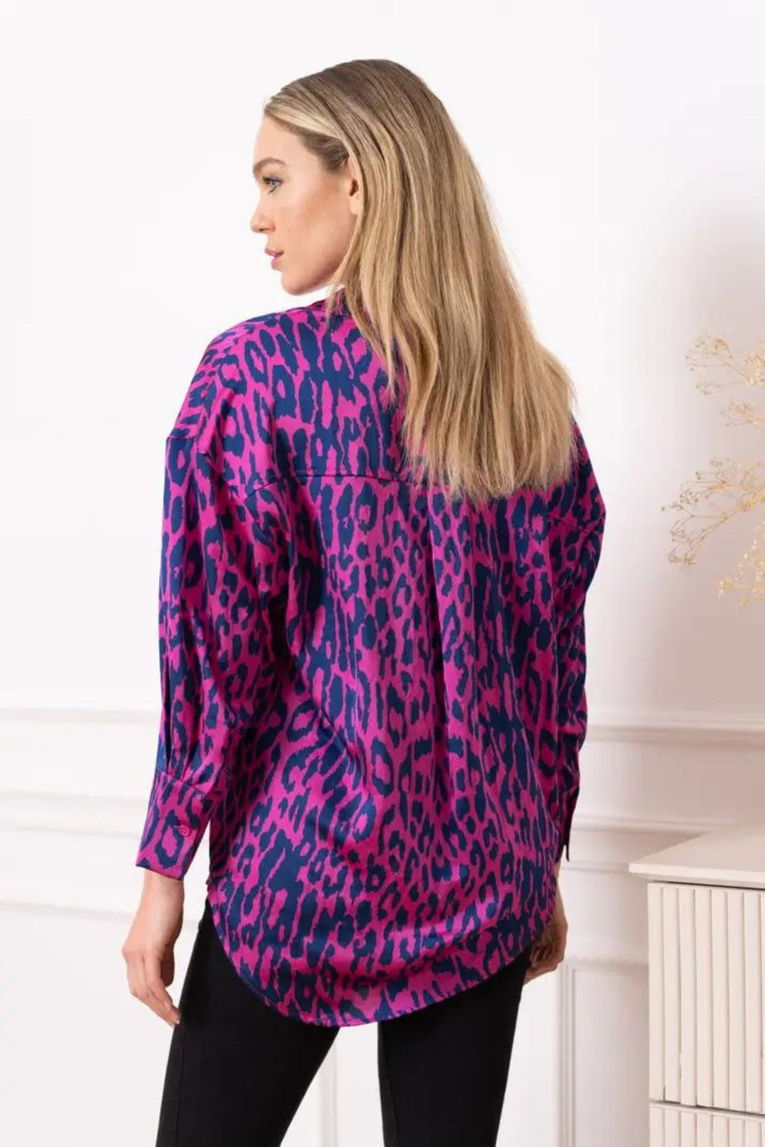 Choklate Fuchsia & Navy Leopard Print Satin Oversized Shirt
