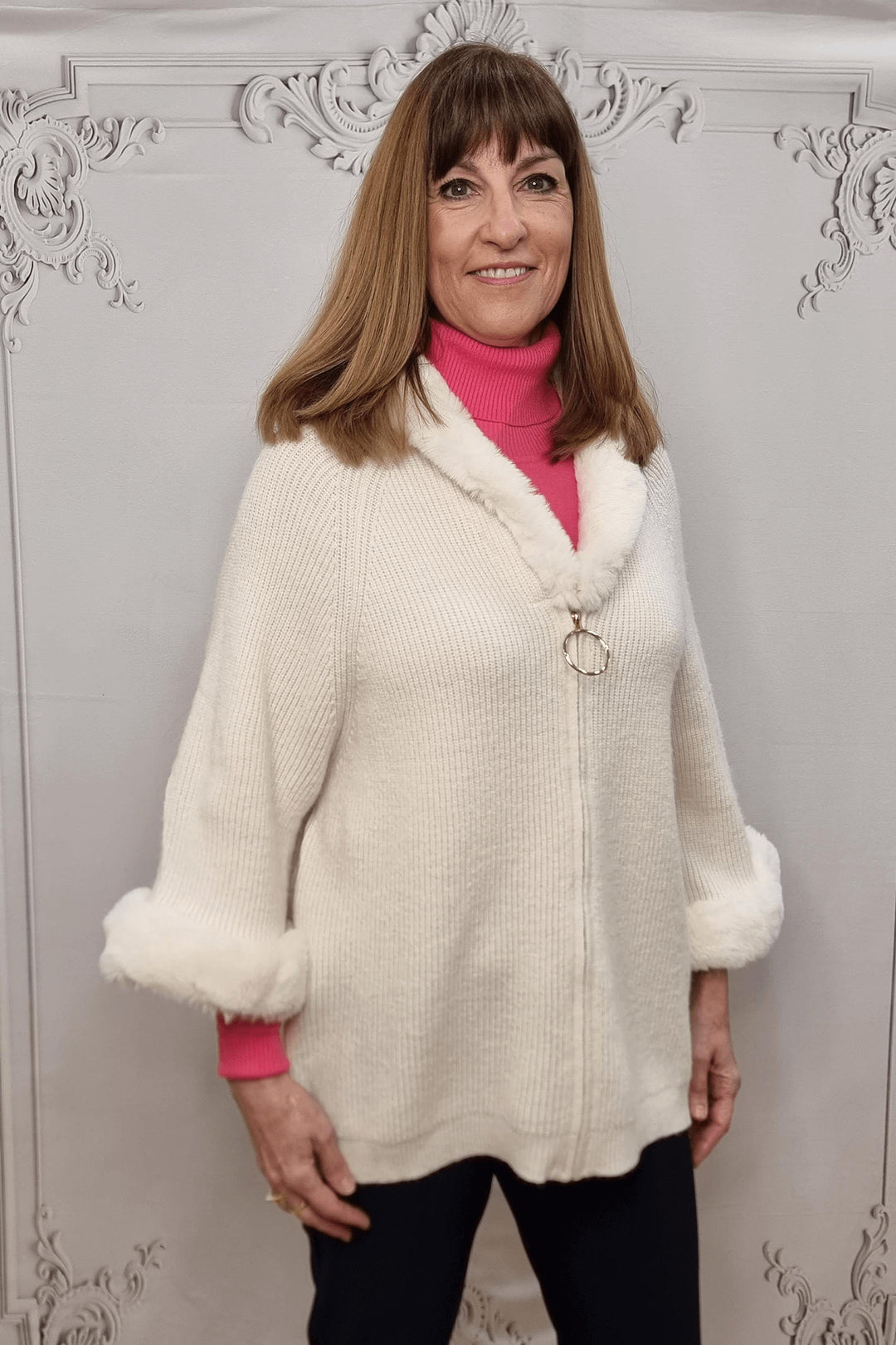 Cream Faux Fur Trim Knitted Jacket