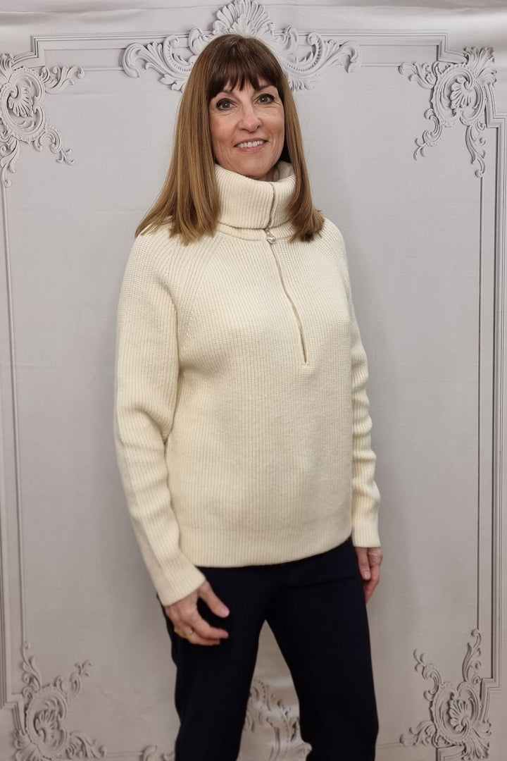 Cream Pearl Detail Half Zip Cashmere Blend Knitted Jumper