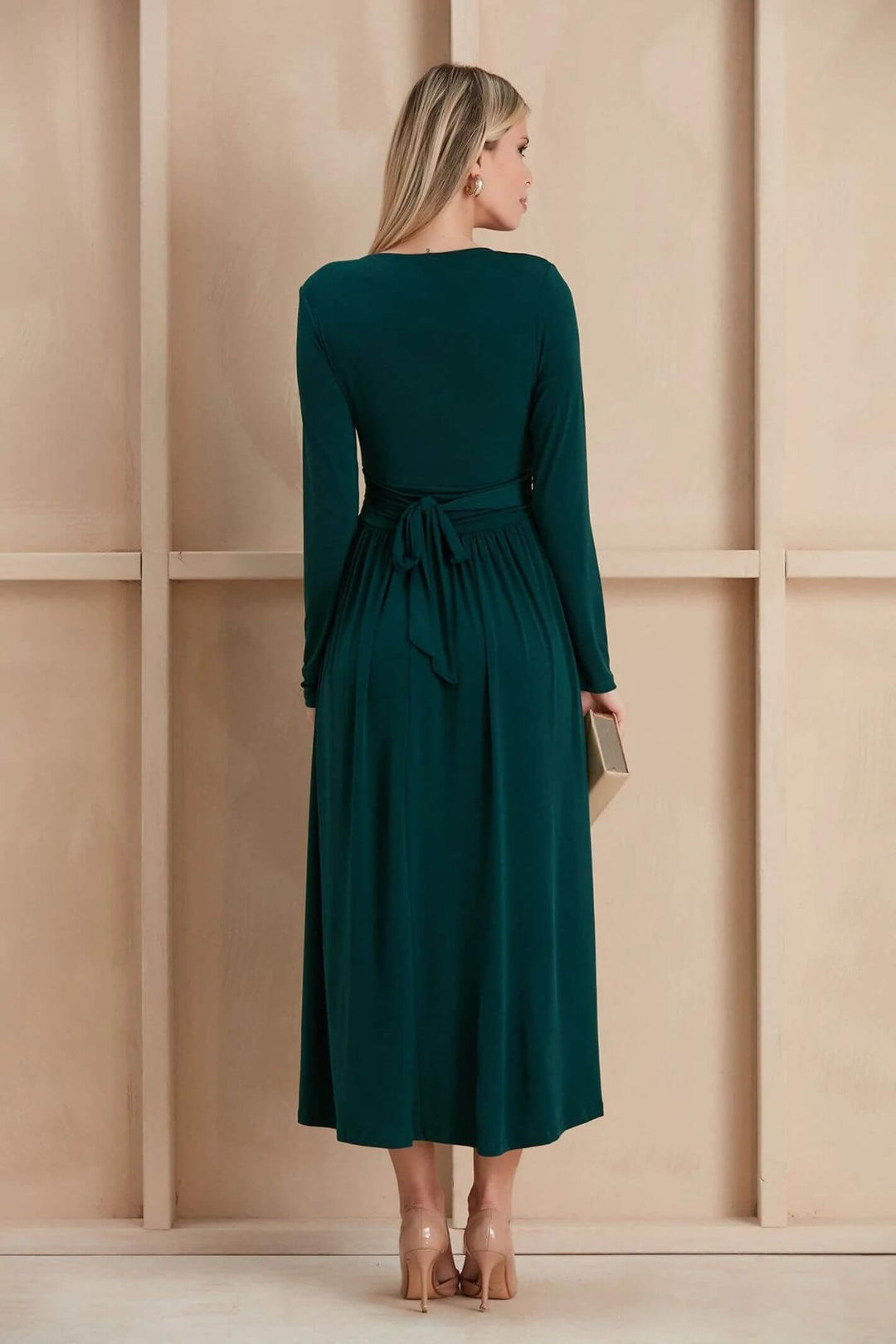 Long Sleeve Emerald Green Wrap Over Midi/Maxi Dress