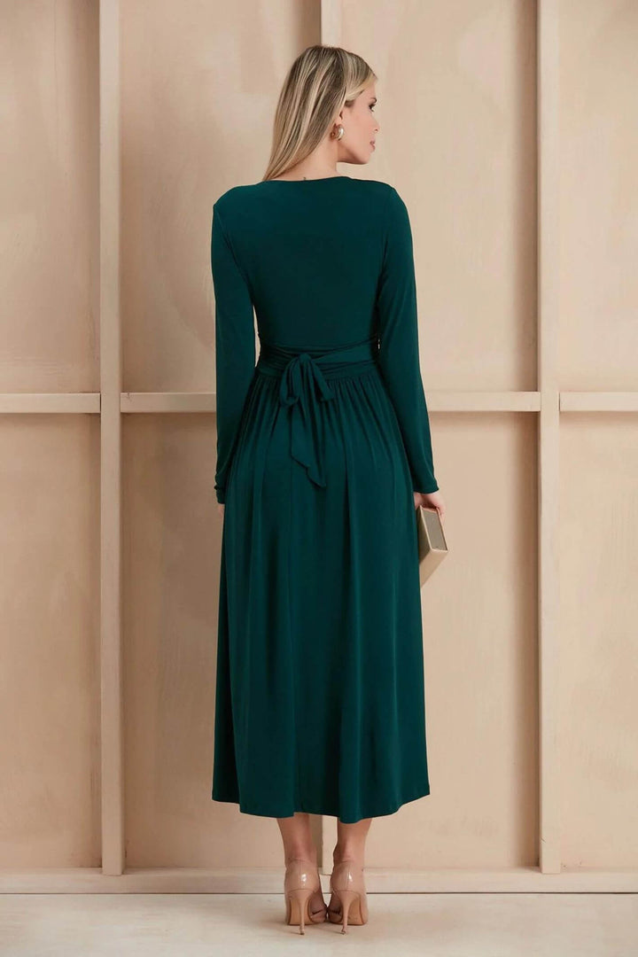 Long Sleeve Emerald Green Wrap Over Midi/Maxi Dress