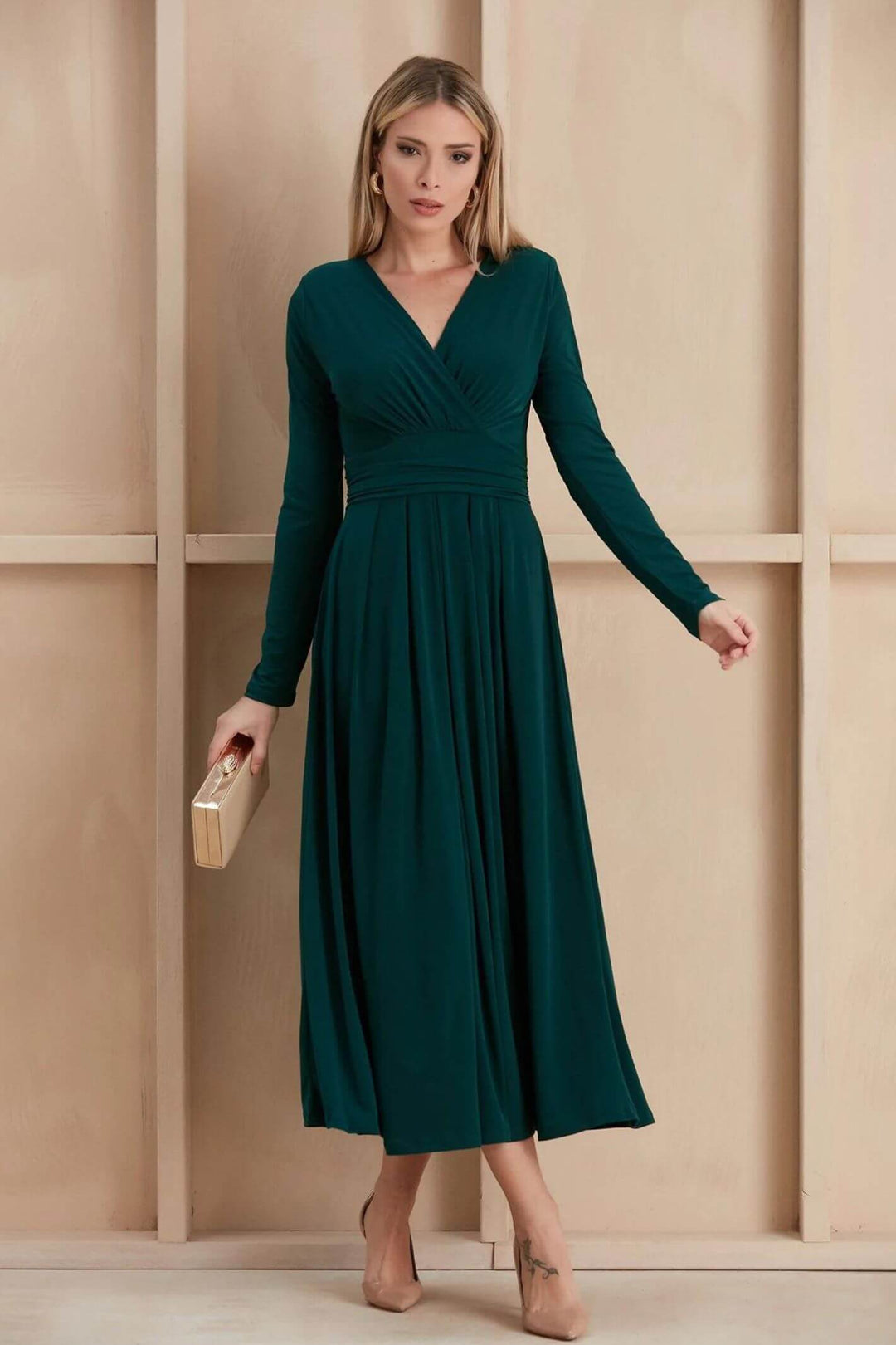 Long Sleeve Emerald Green Wrap Over Midi/Maxi Dress