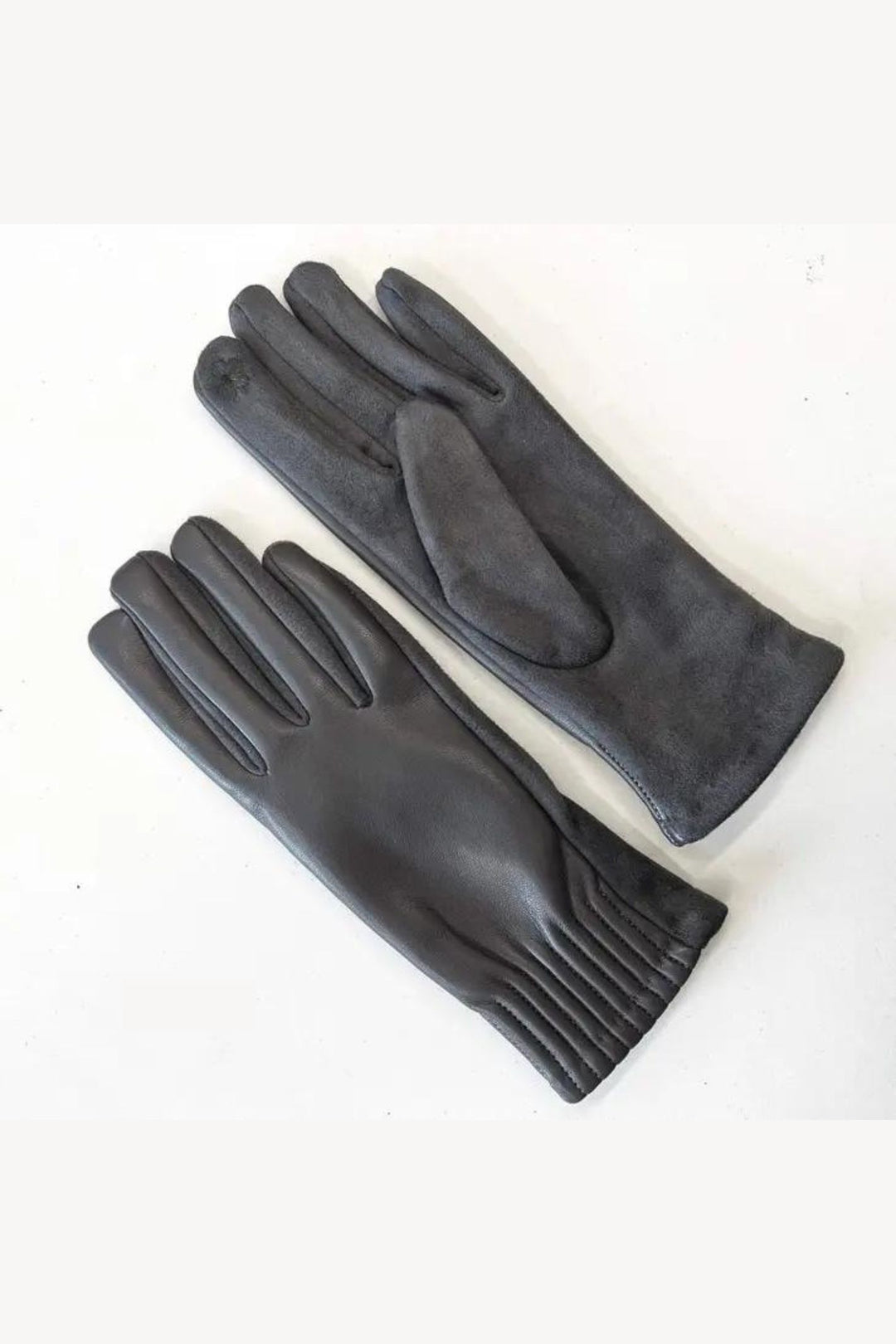 Grey Soft Vegan Leather Pleated Cuff Suede Ladies Gloves