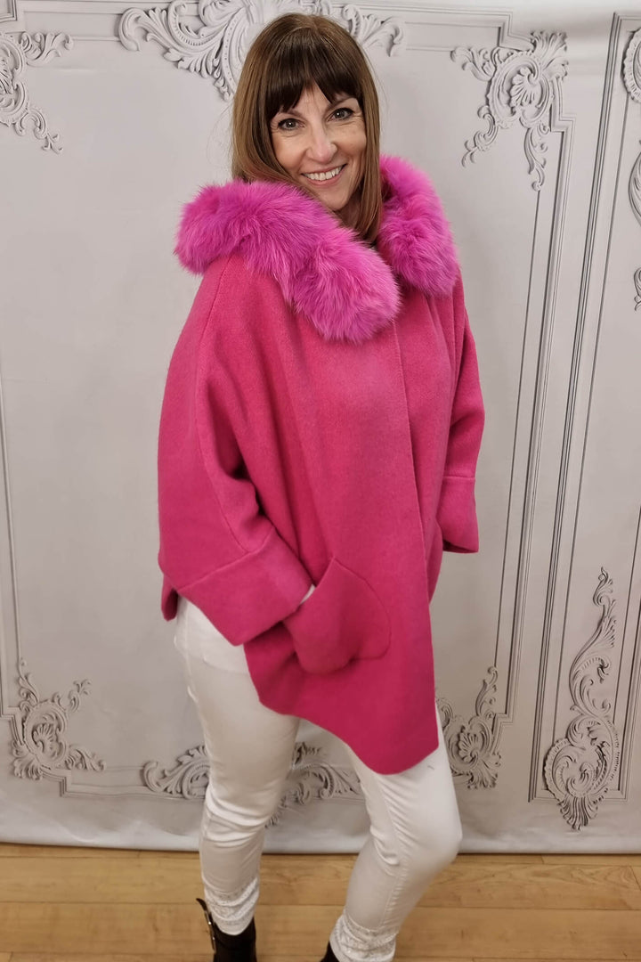 Hot Pink Faux Fur Trim Oversized Jacket