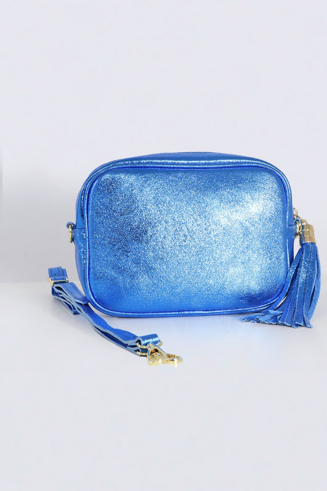 Italian Leather Metallic Light Blue Camera Bag