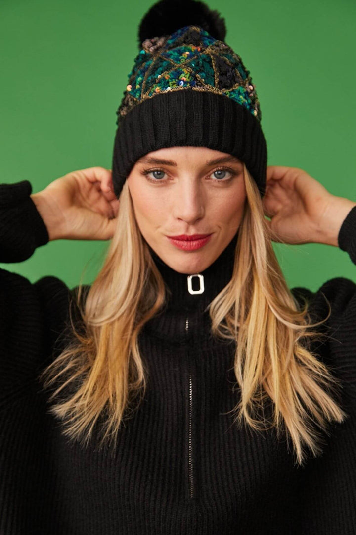 Jayley Black Knitted Sequin Hat With Faux Fur Pom Pom