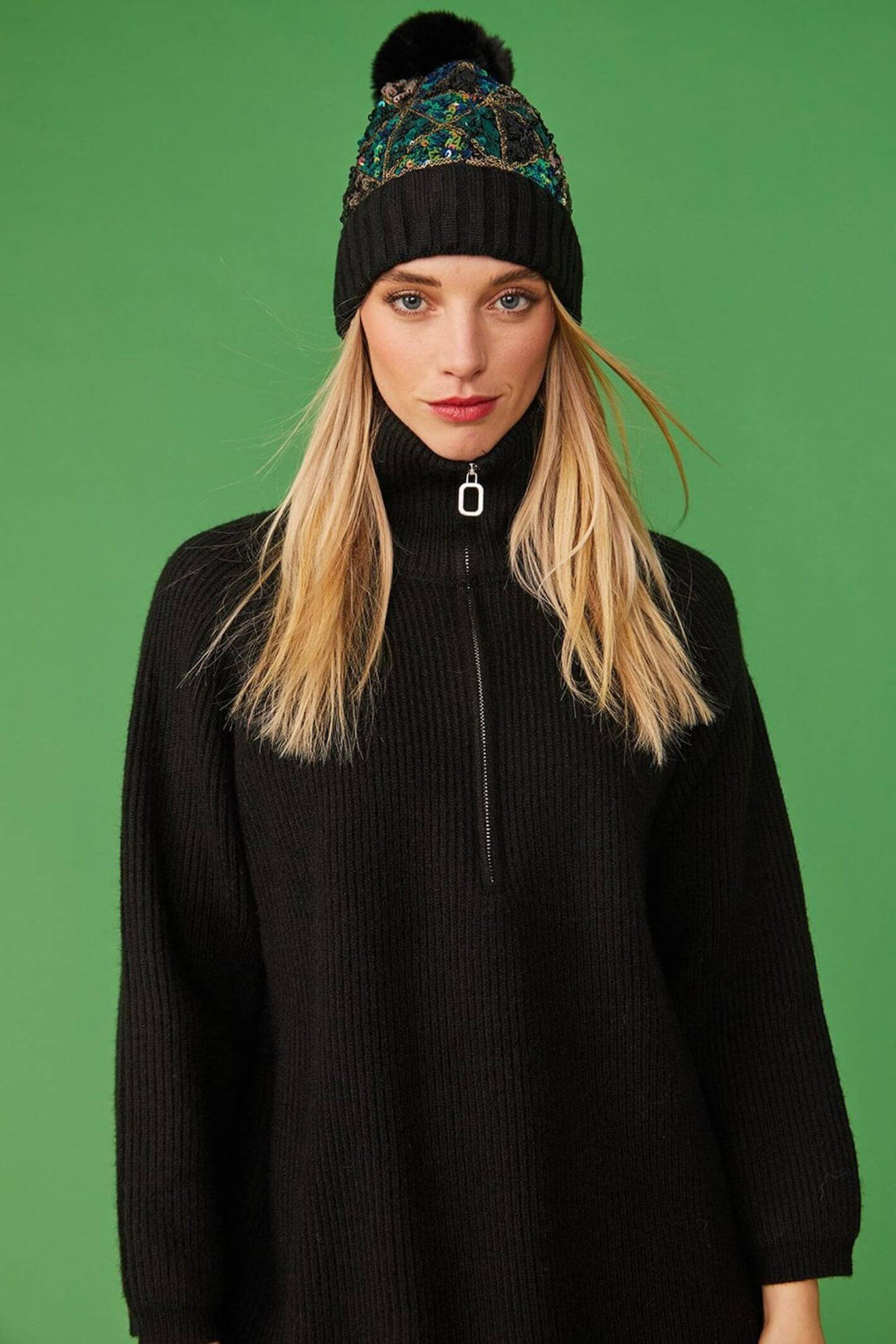 Jayley Black Knitted Sequin Hat With Faux Fur Pom Pom