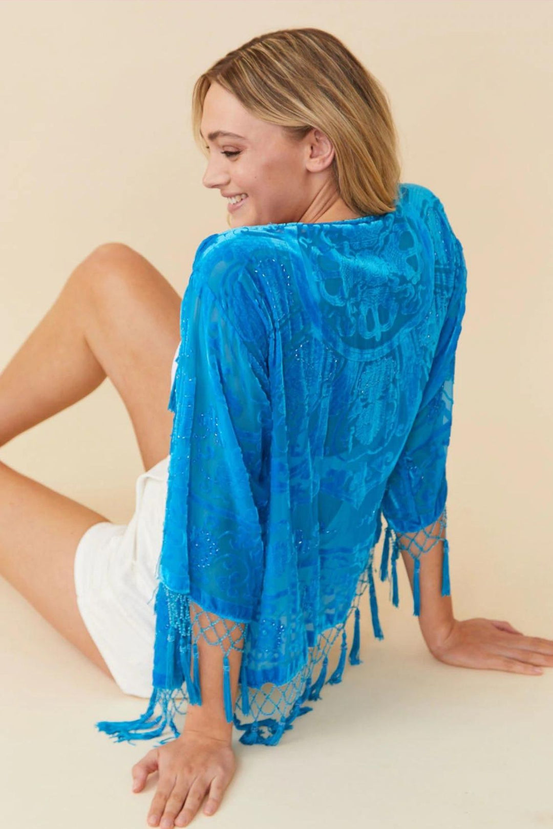 Jayley Turquoise Print Devore Kimono