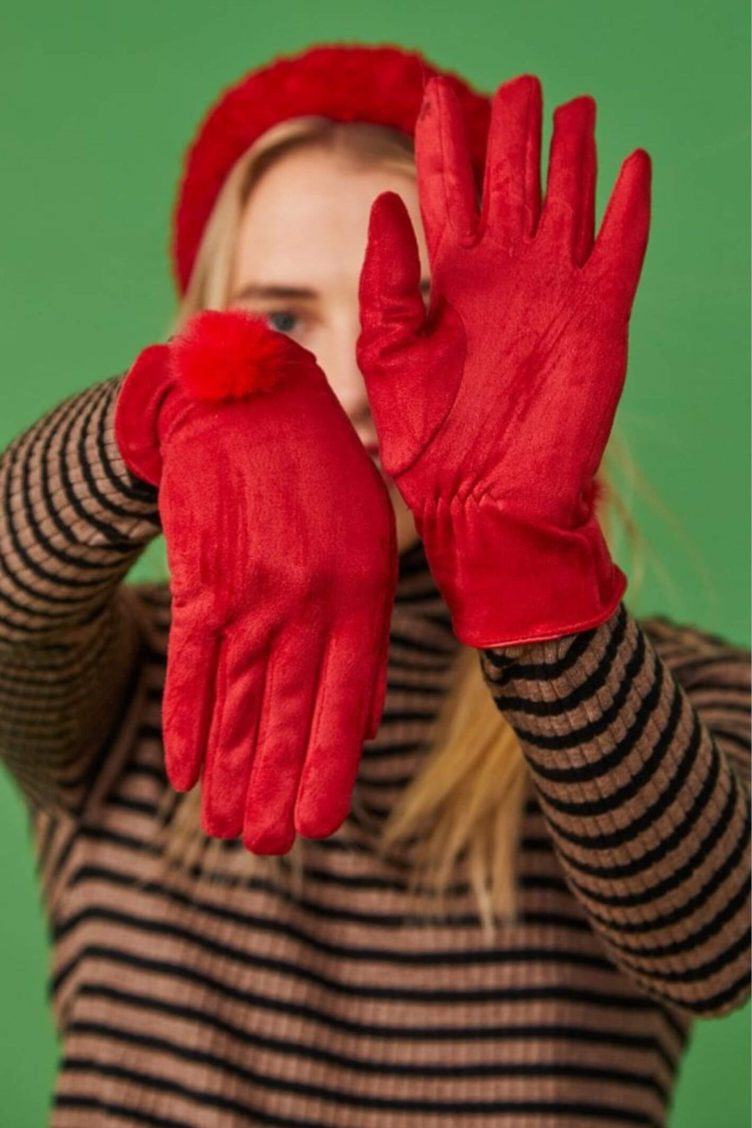 Jayley Red Faux Suede Gloves With Faux Fur Pom Pom