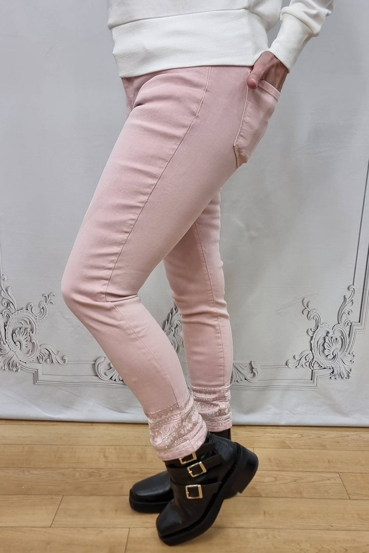 Light Pink Embellished Hem Stretch Jeans