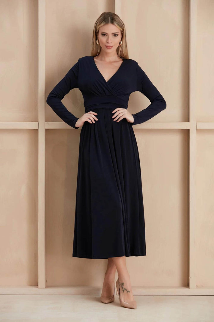 Long Sleeve Navy Wrap Over Midi Dress