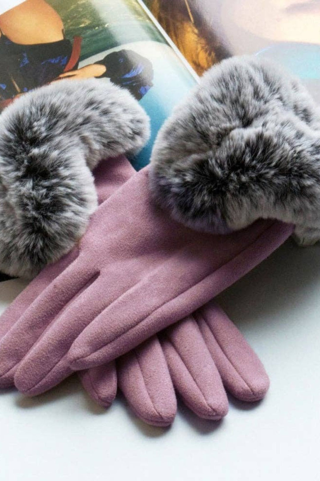 Mauve Fluffy Cuff Suede Effect Gloves