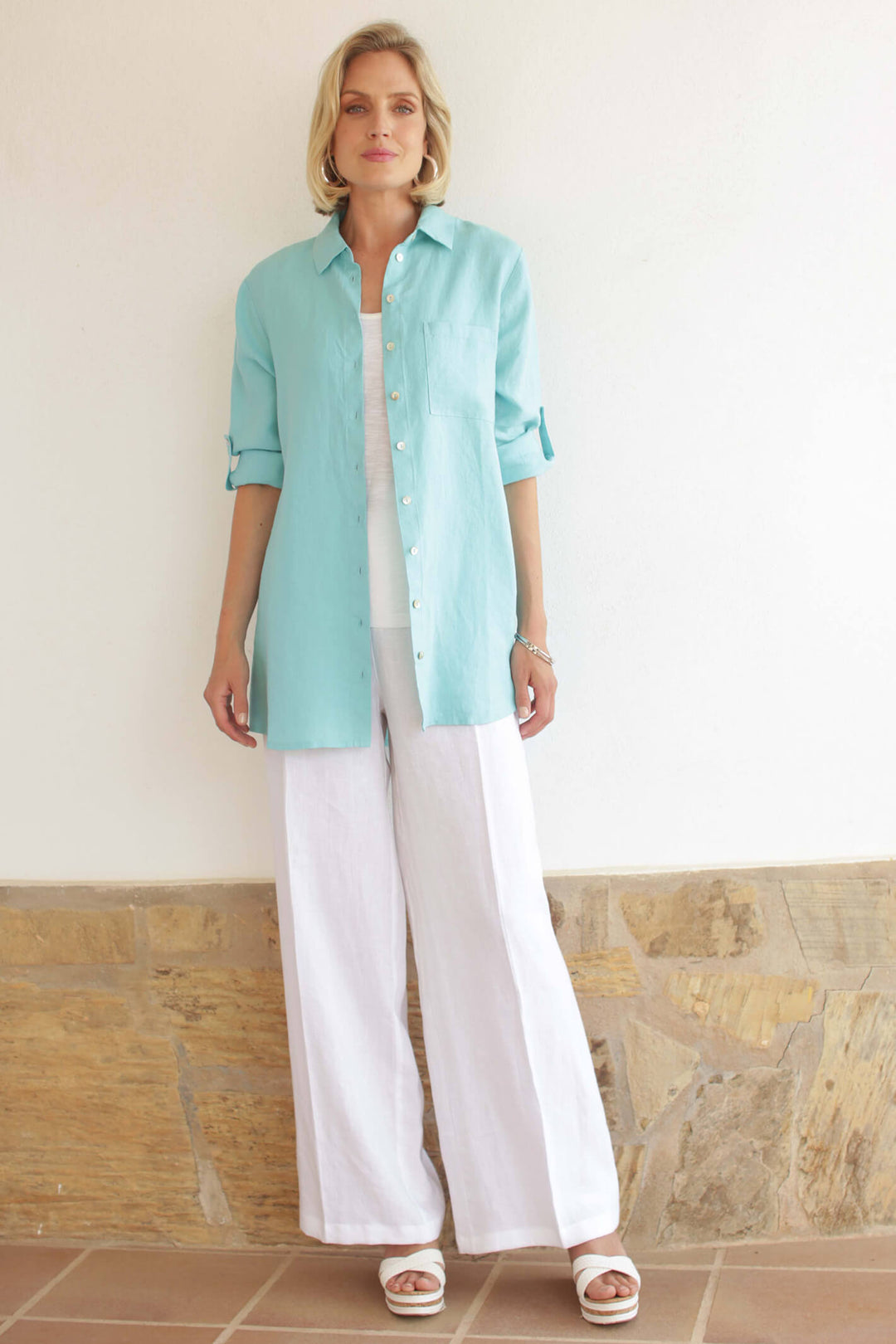 Pomodoro 42303 Turquoise Linen Shirt