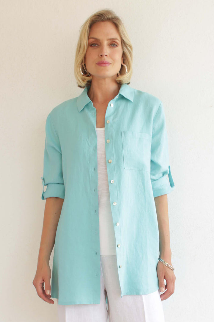 Pomodoro 42303 Turquoise Linen Shirt