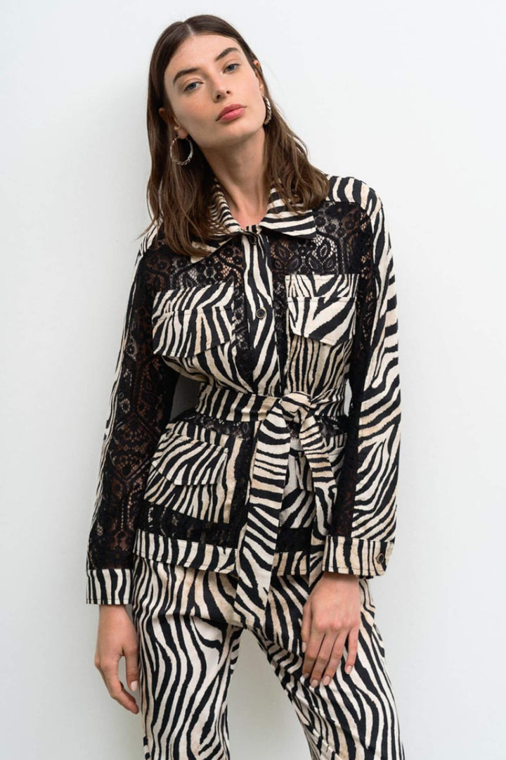 Access Fashion 1033 Beige Zebra Print Lace Jacket - Experience Boutique