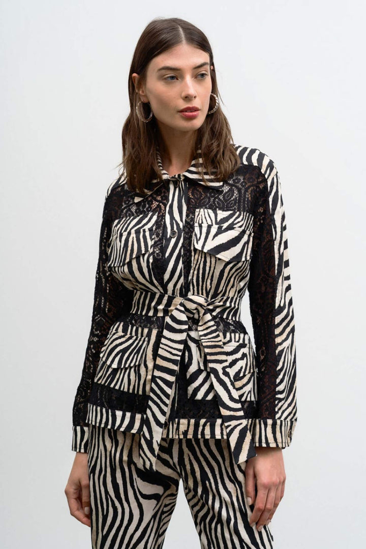 Access Fashion 1033 Beige Zebra Print Lace Jacket - Experience Boutique