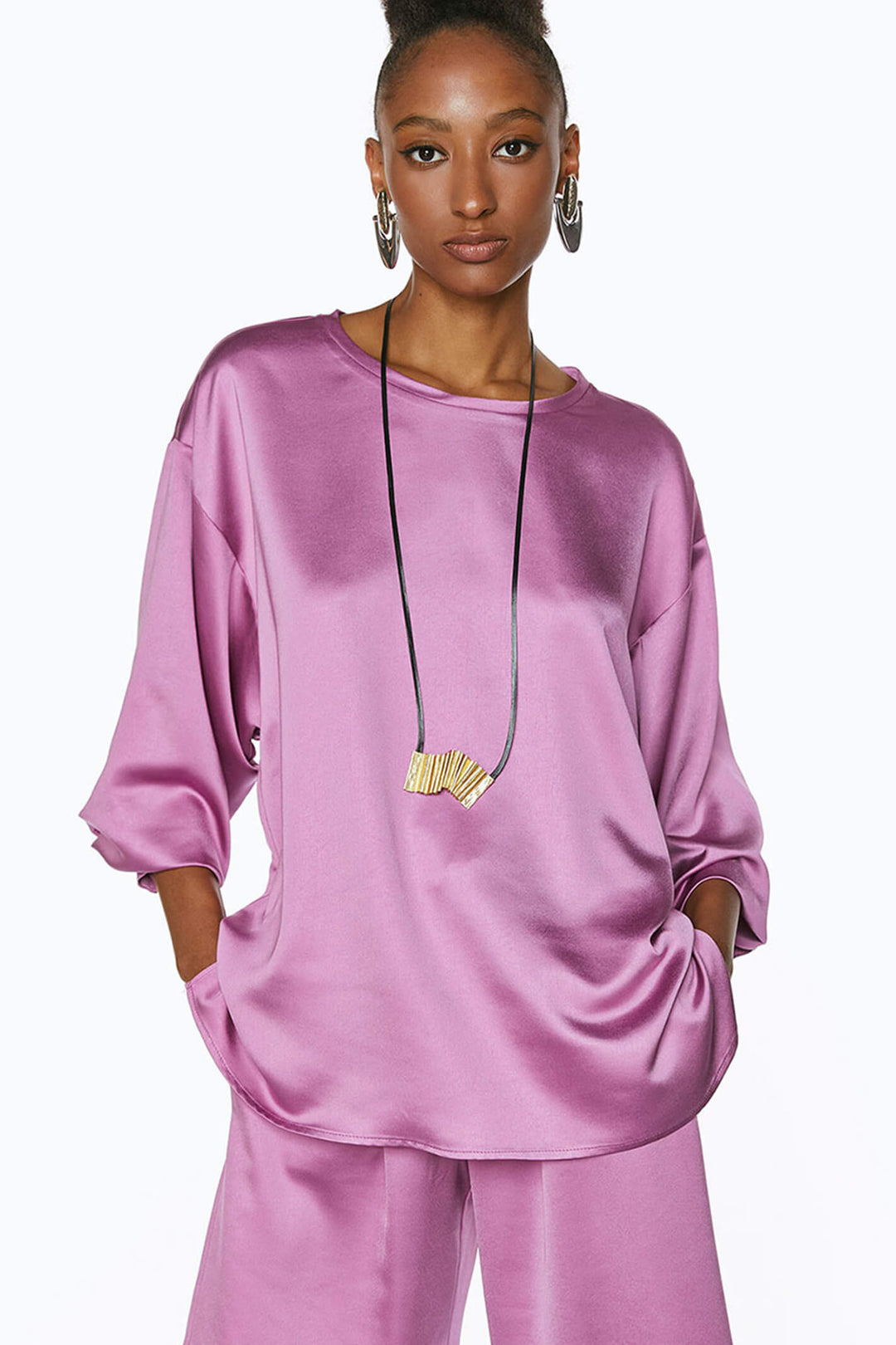 Access Fashion 2085-134 Grape Pink Satin Long Sleeve Top - Experience Boutique