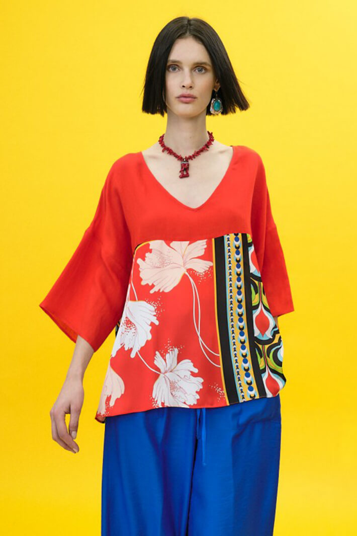 Access Fashion 2161 Red V-Neck Contrast Print Blouse - Experience Boutique