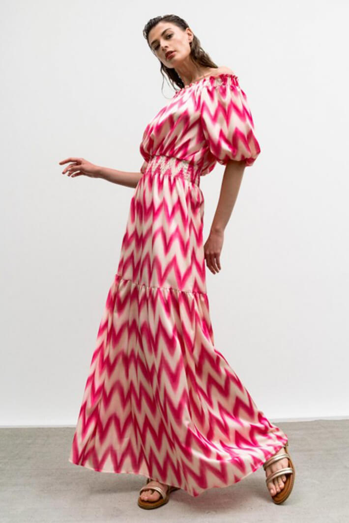 Access Fashion 3363 Fuchsia Pink ZigZag Off The Shoulder Maxi Dress - Experience Boutique