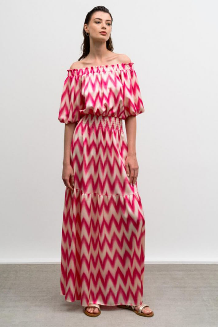 Access Fashion 3363 Fuchsia Pink ZigZag Off The Shoulder Maxi Dress - Experience Boutique