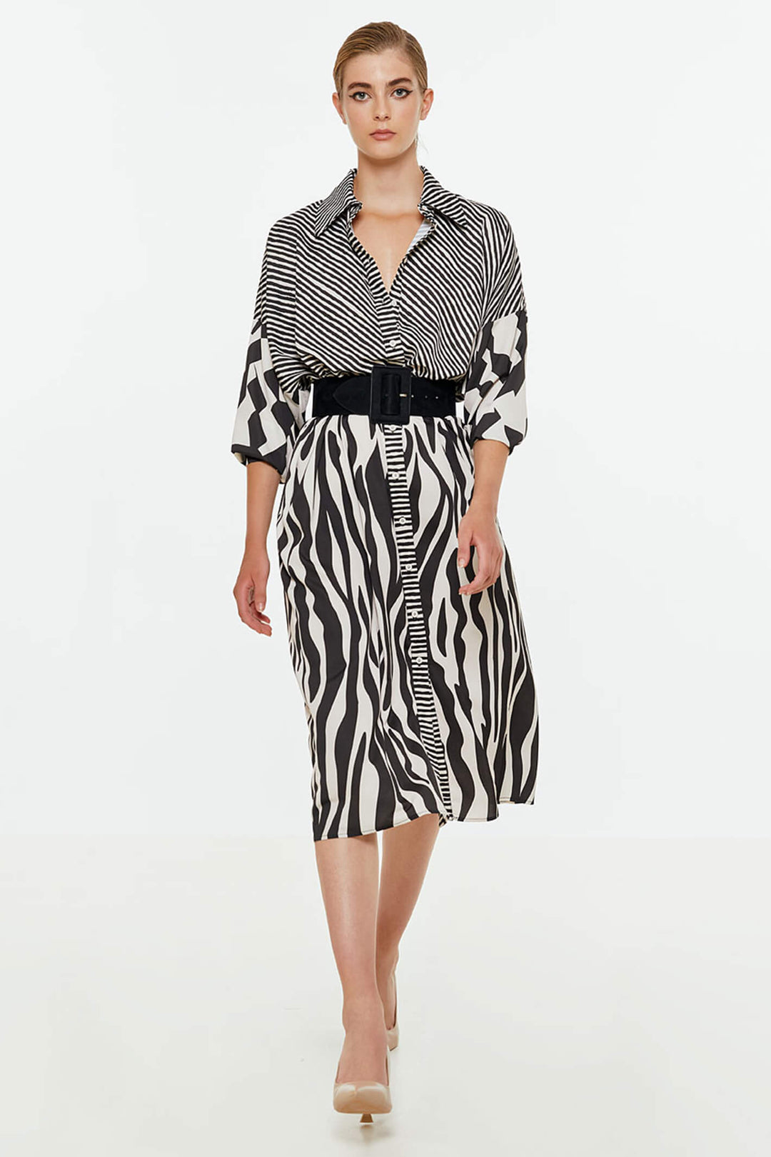 Access Fashion 3370-1057 Black & White Animal Print Shirt Dress - Experience Boutique