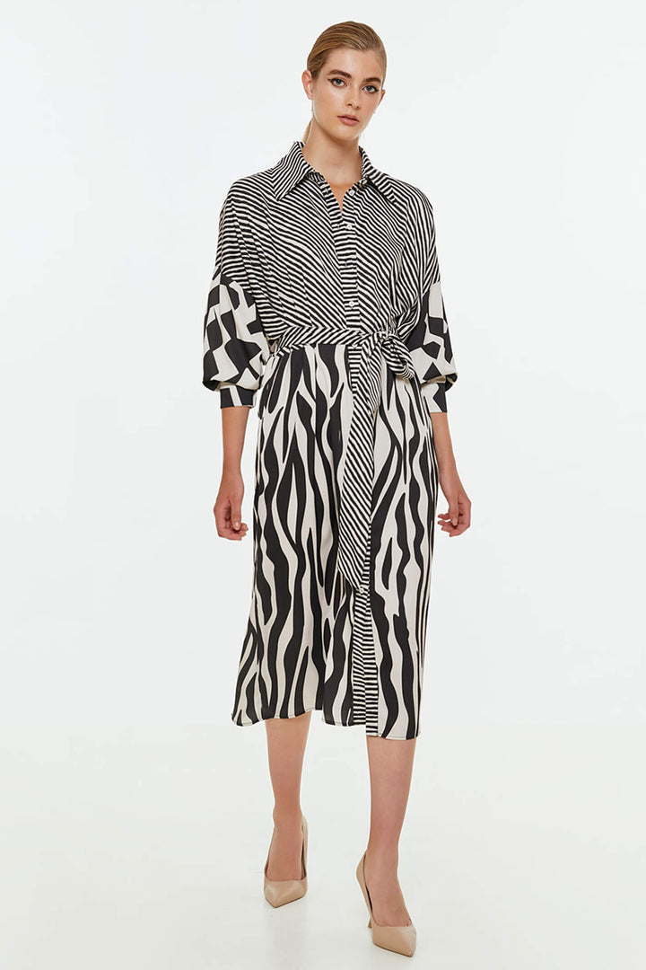 Access Fashion 3370-1057 Black & White Animal Print Shirt Dress - Experience Boutique