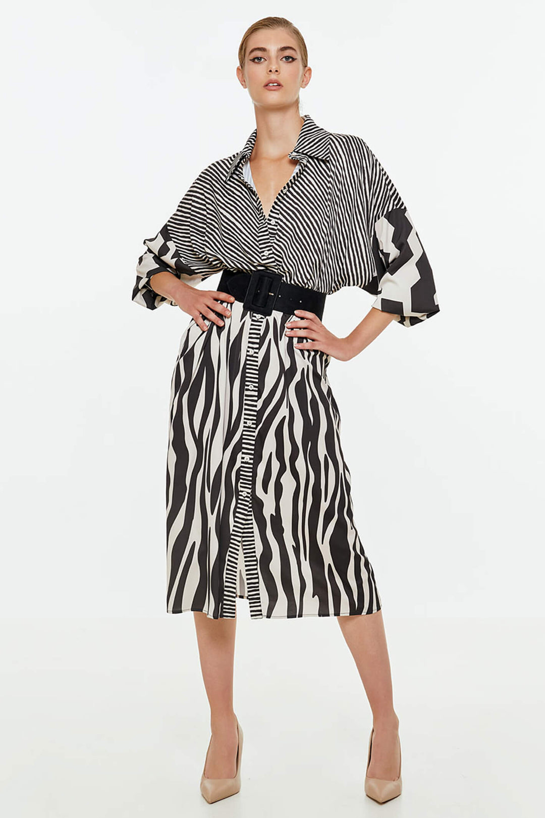 Access Fashion 3370-1057 Black & White Animal Print Shirt Dress - Experience Boutique