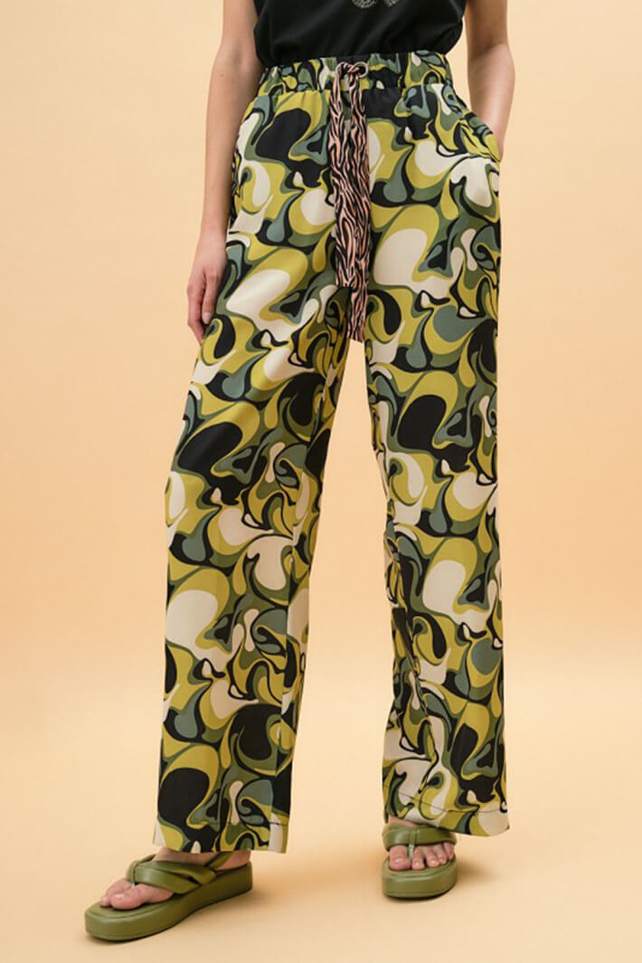 Access Fashion 5035 Grass Green Print Wide Leg Trousers - Experience Boutique