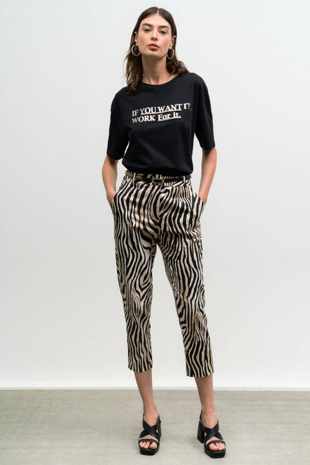 Access Fashion 5080 Beige Zebra Print Straight Leg Trousers - Experience Boutique