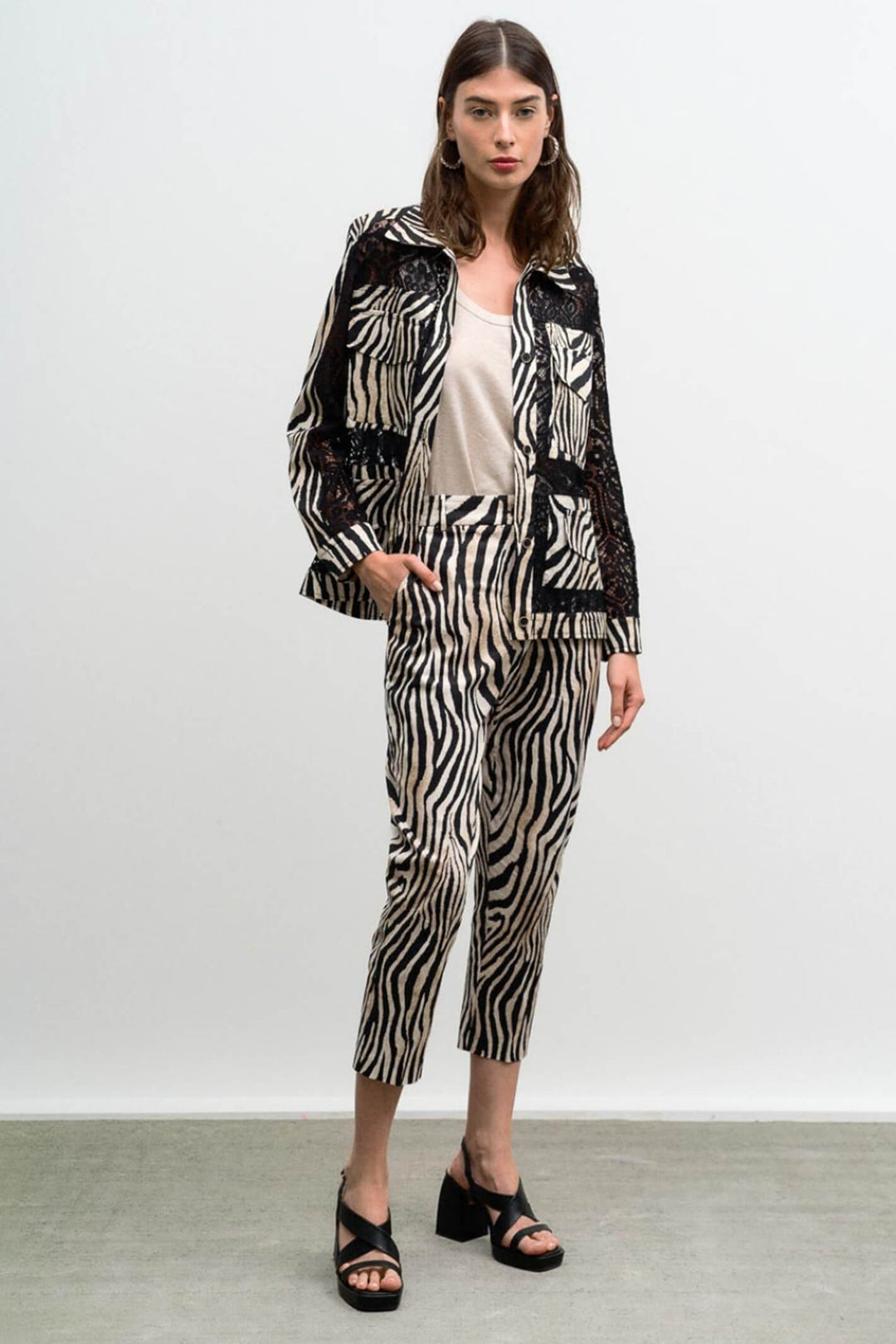 Access Fashion 5080 Beige Zebra Print Straight Leg Trousers - Experience Boutique