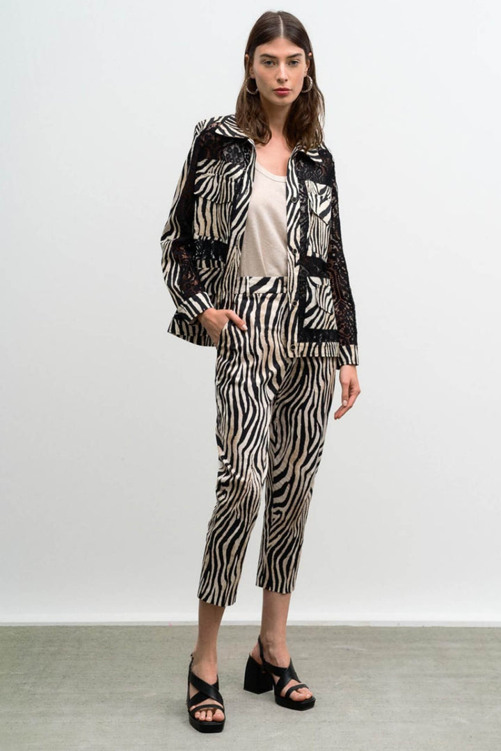 Access Fashion 5080 Beige Zebra Print Straight Leg Trousers - Experience Boutique