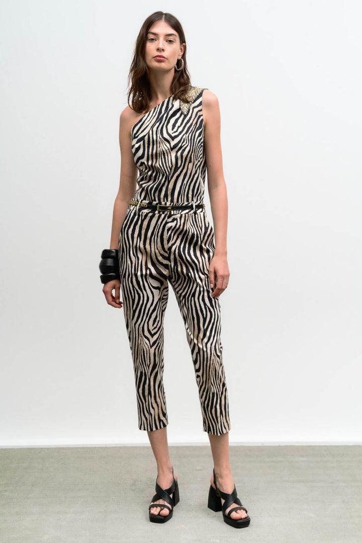Access Fashion 5080 Beige Zebra Print Straight Leg Trousers - Experience Boutique