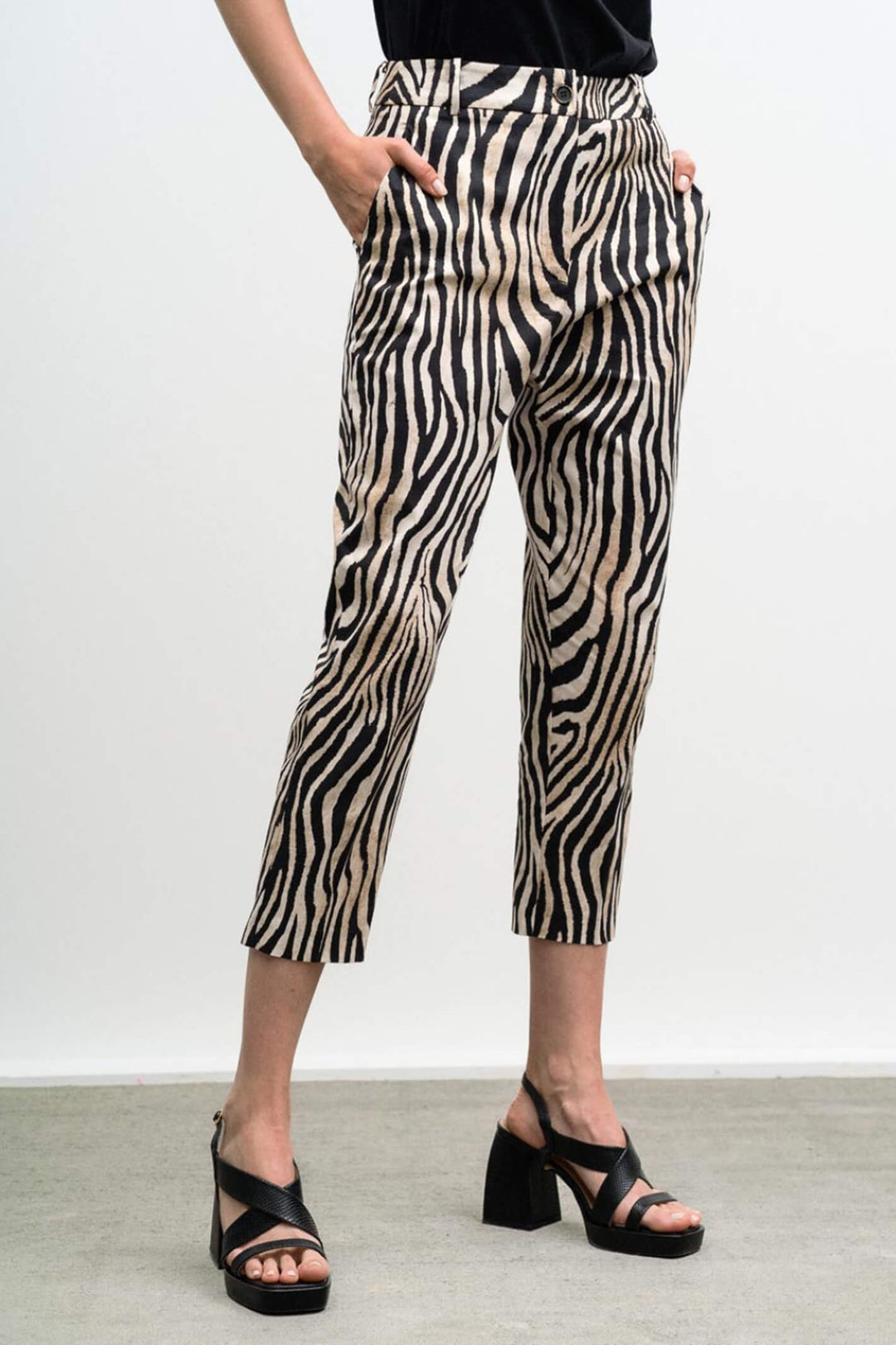 Access Fashion 5080 Beige Zebra Print Straight Leg Trousers - Experience Boutique
