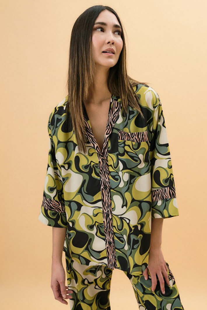 Access Fashion 7019 Green Print Shirt With Zebra Stripes - Experience Boutique