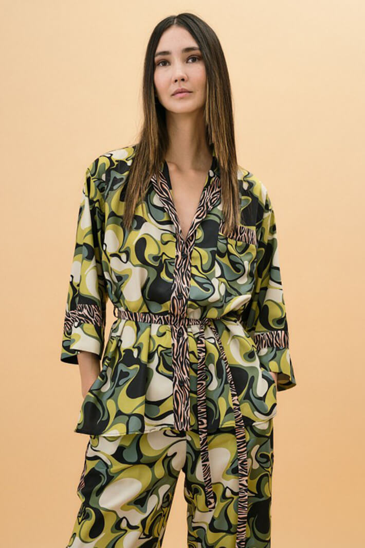 Access Fashion 7019 Green Print Shirt With Zebra Stripes - Experience Boutique
