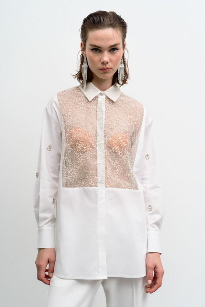 Access Fashion 7045 White Half Glitter Shirt - Experience Boutique