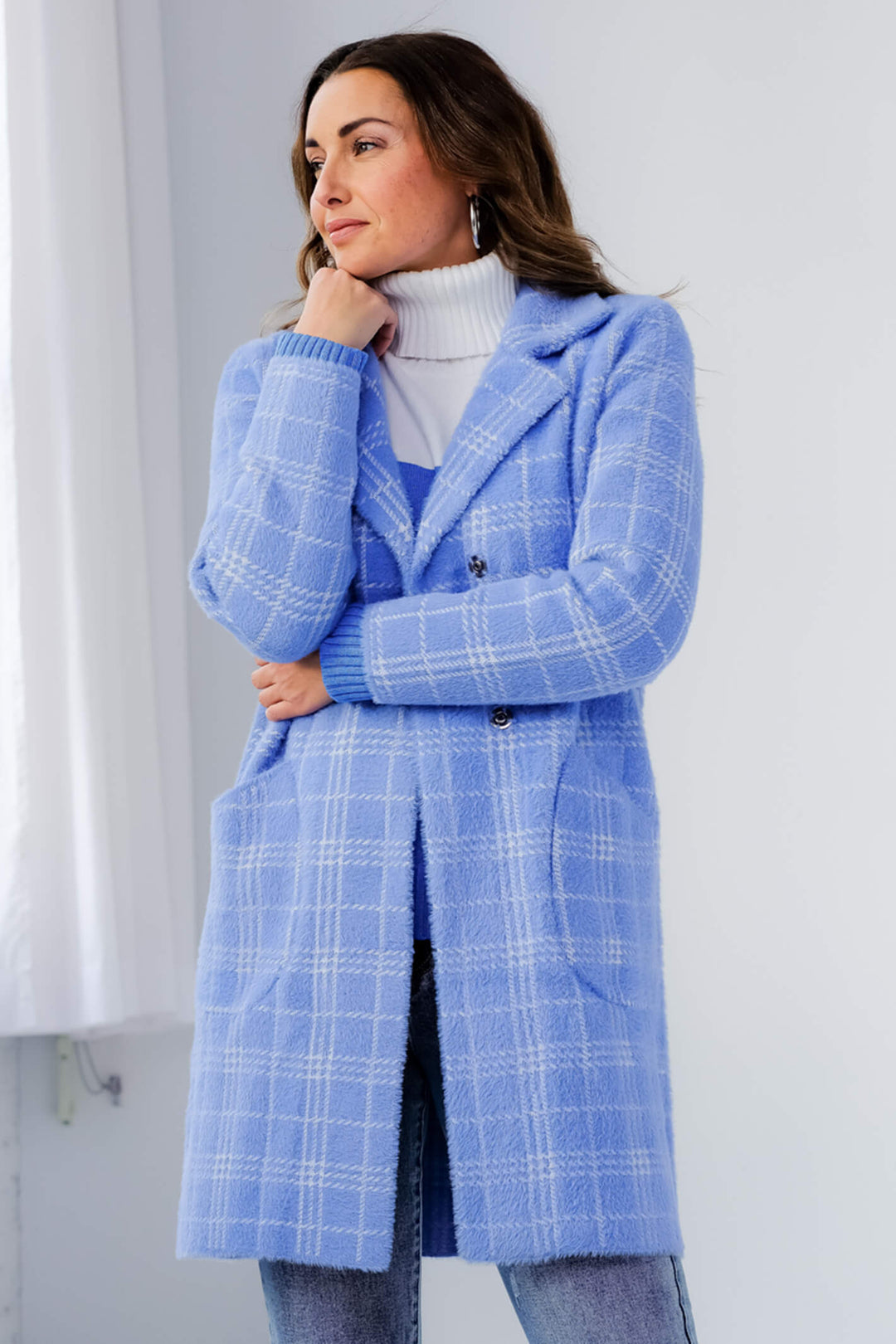 Alison Sheri A40180 Blue Check Fleece Patch Pocket Coat - Experience Boutique