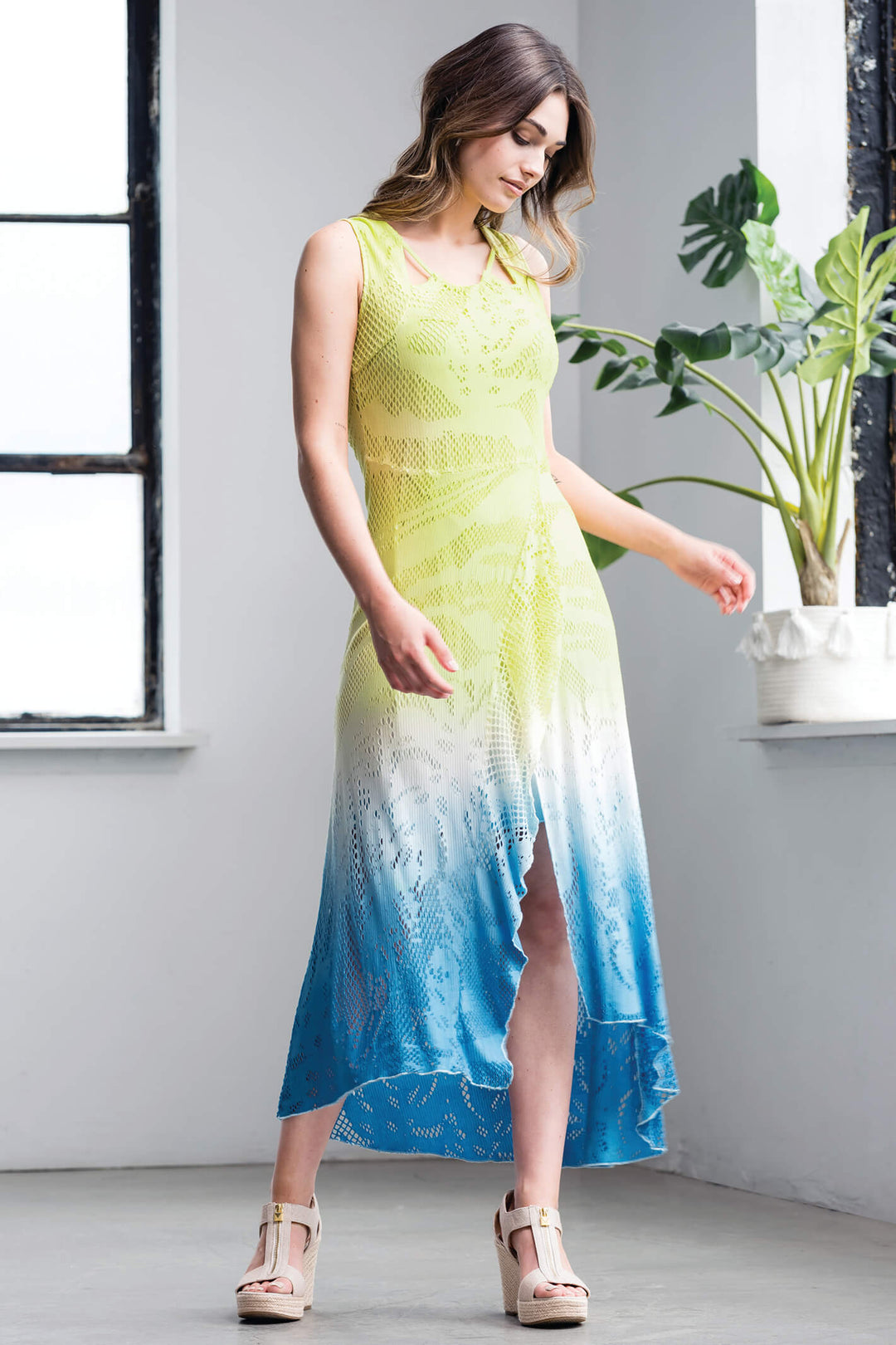 Alison Sheri A41022 Lime Blue Mesh Sleeveless Maxi Dress - Experience Boutique