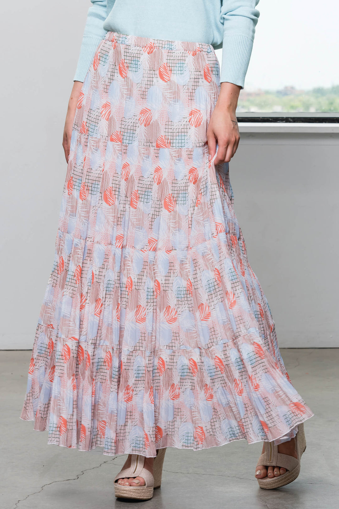 Alison Sheri A41061 Peach Palm Print Tiered Pleat Skirt - Experience Boutique