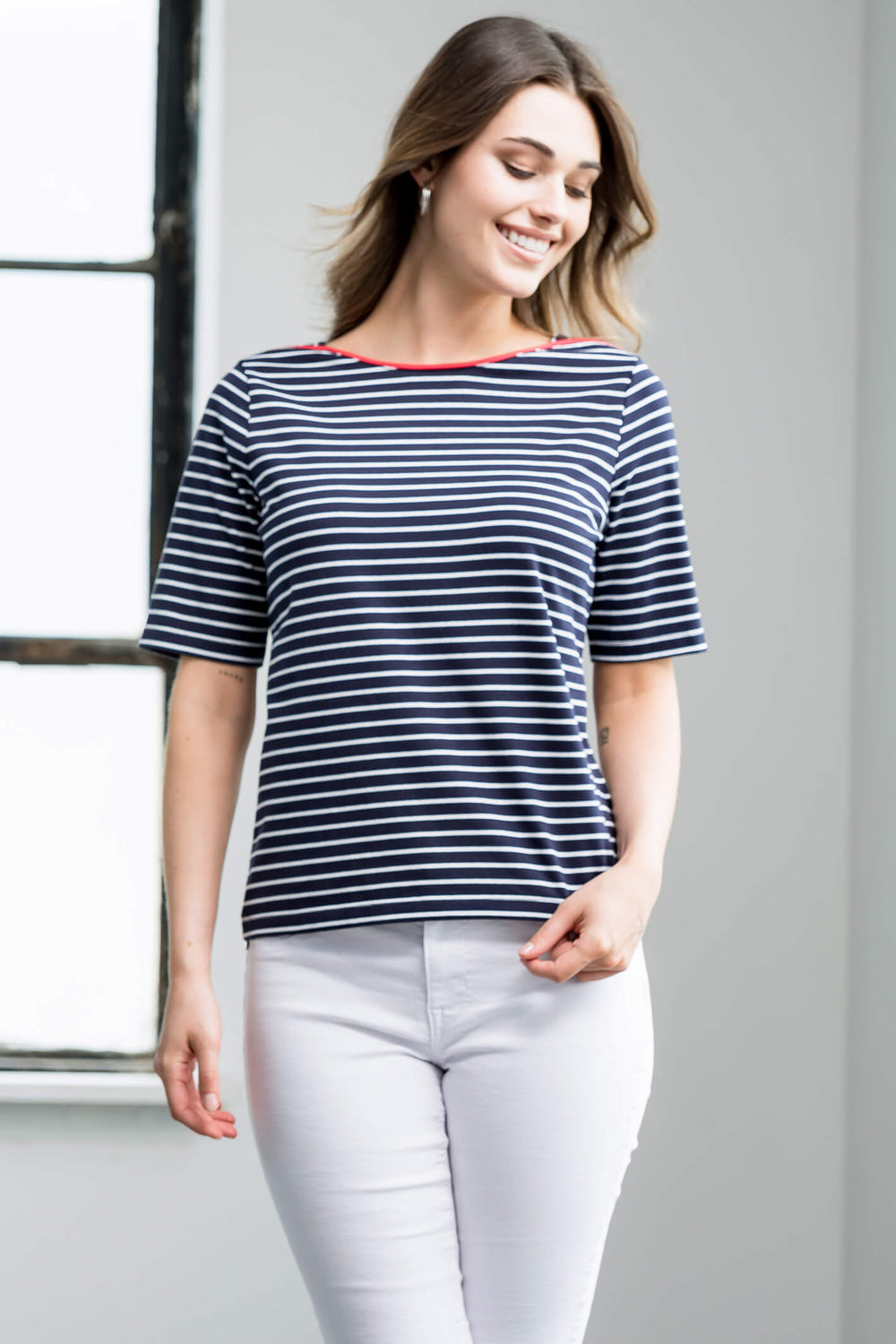 Alison Sheri A41180 Navy & White Stripe T-Shirt - Experience Boutique