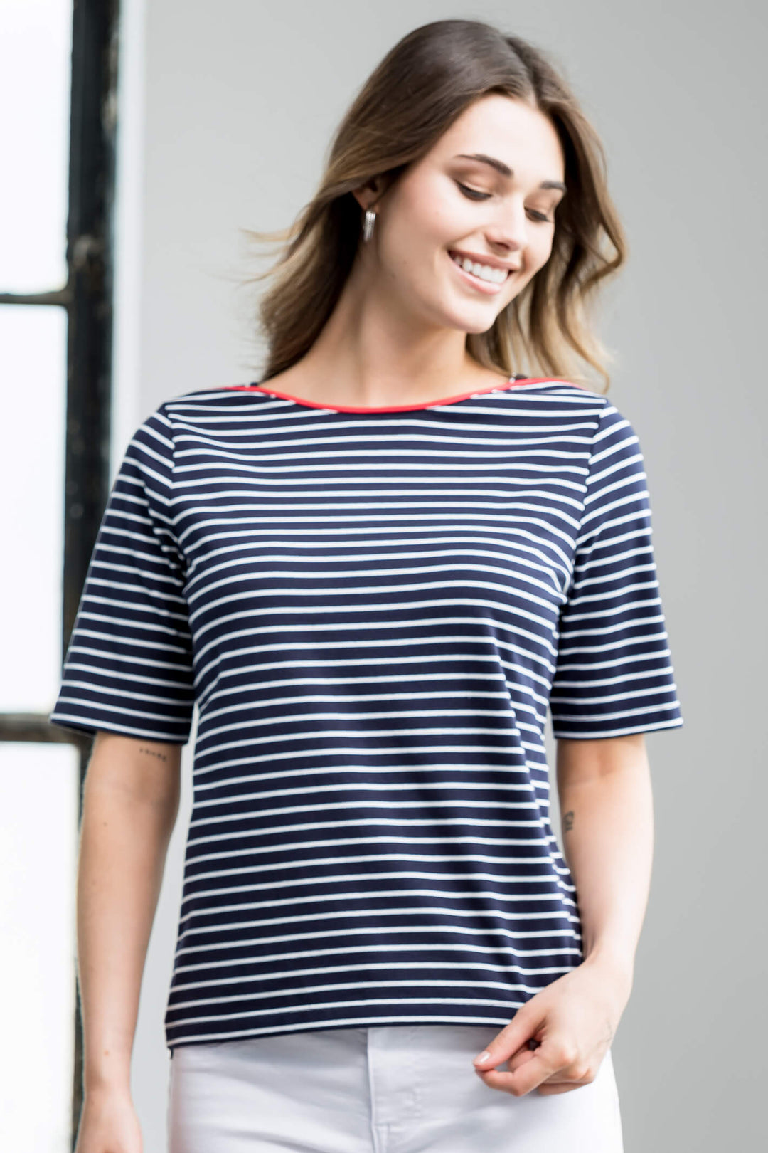 Alison Sheri A41180 Navy & White Stripe T-Shirt - Experience Boutique