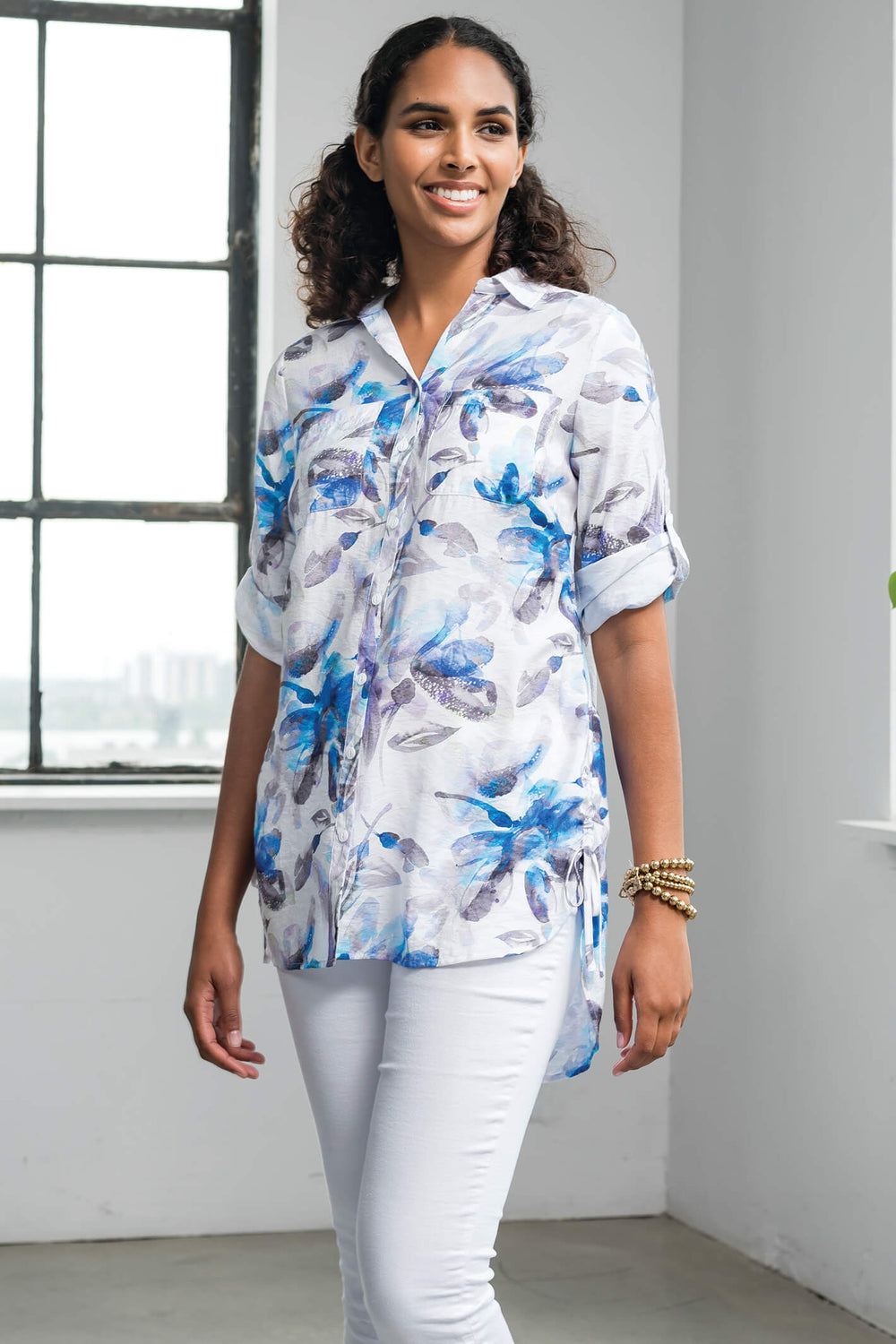 Alison Sheri A41246 White & Blue Leaf Print Shirt - Experience Boutique