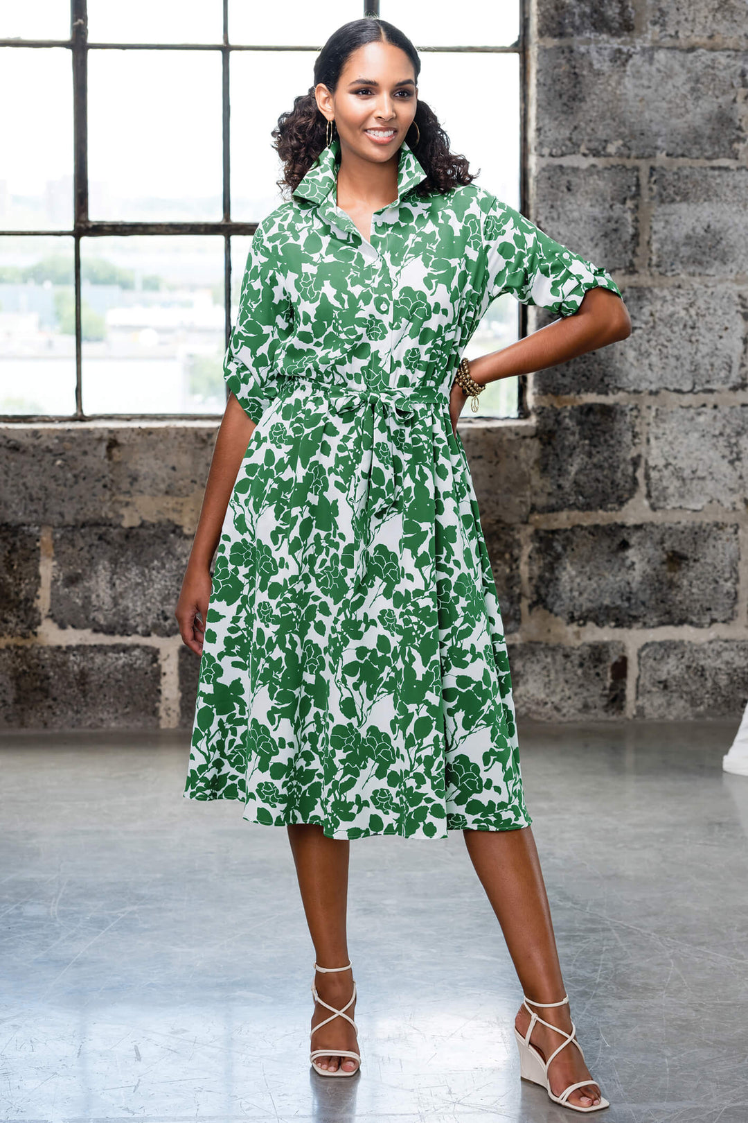 Alison Sheri A41345 Green Floral Shirt Dress - Experience Boutique