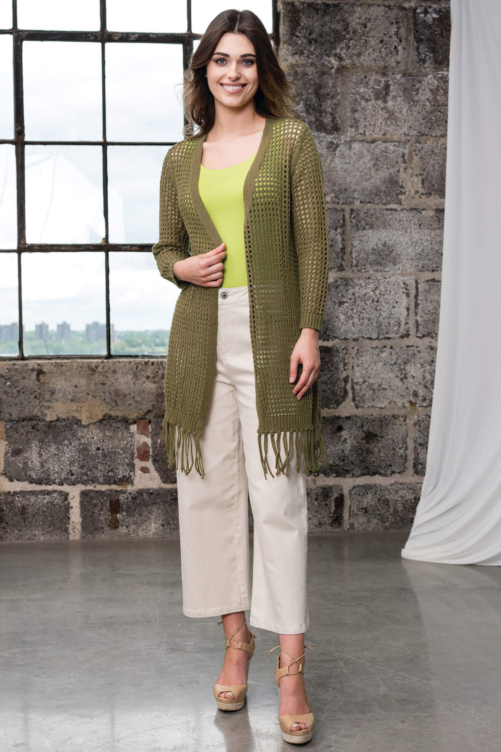 Alison Sheri A41382 Khaki Crochet Knit Cardigan - Experience Boutique